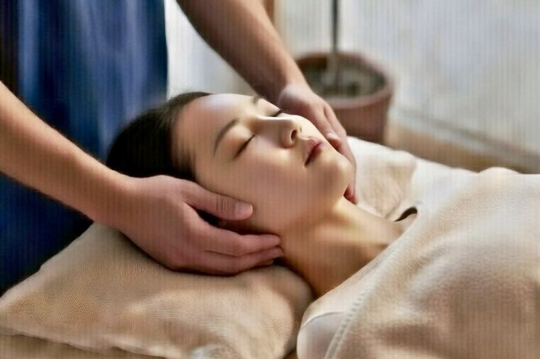 首への施術風景